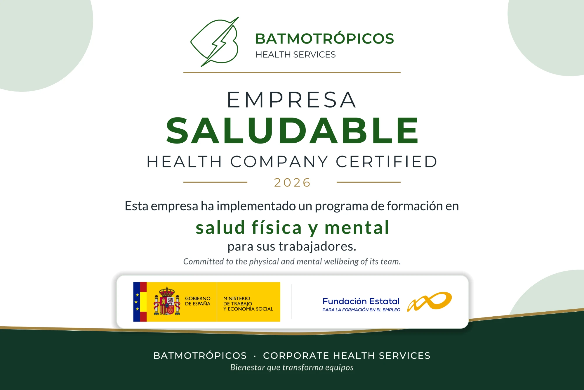 Placa Empresa Saludable 2026 de Batmotrópicos: esta empresa ha implementado un programa de formación en salud física y mental para sus trabajadores.